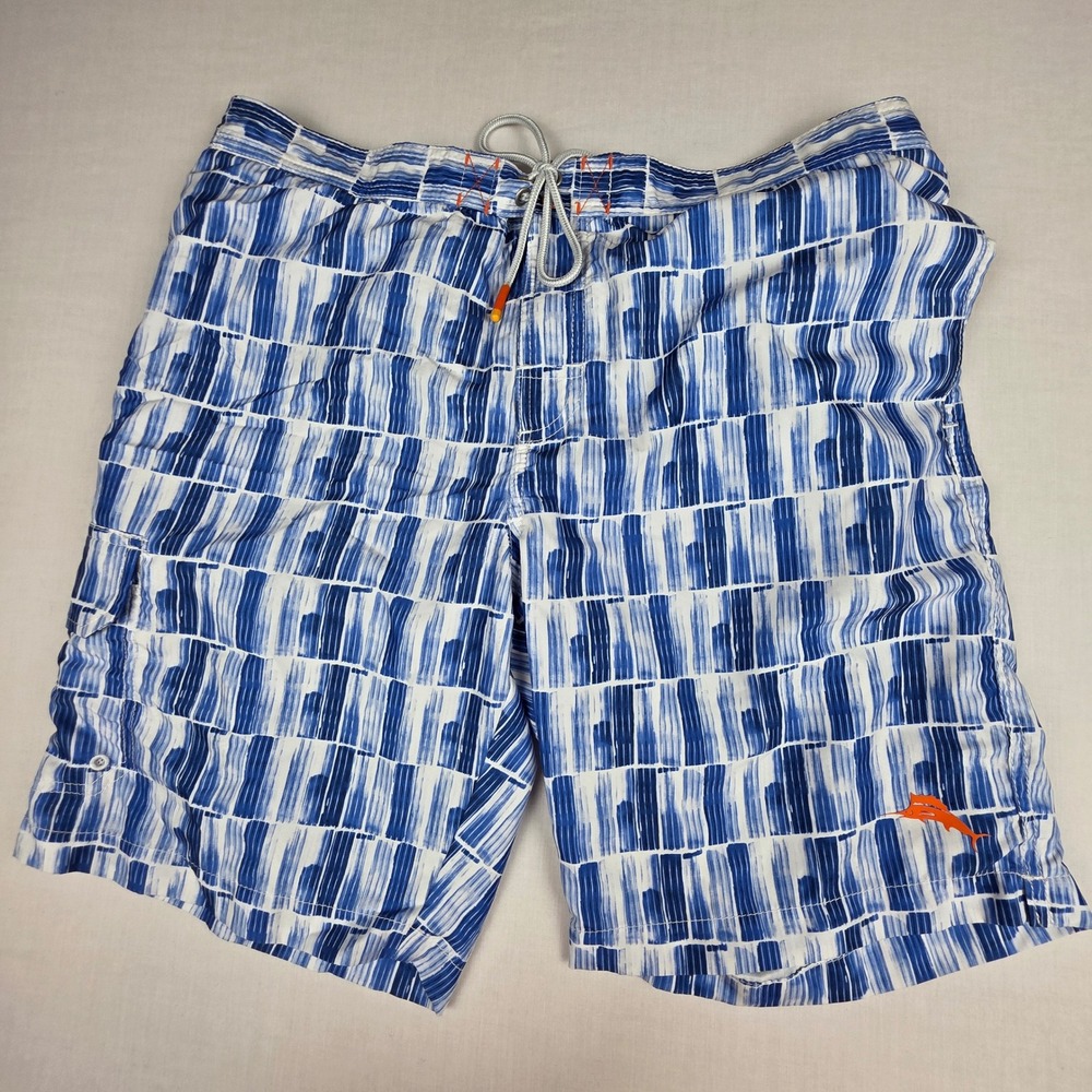 Tommy Bahama Naples Swim Trunks Mens Large Blue Geometric Recycled Polyester